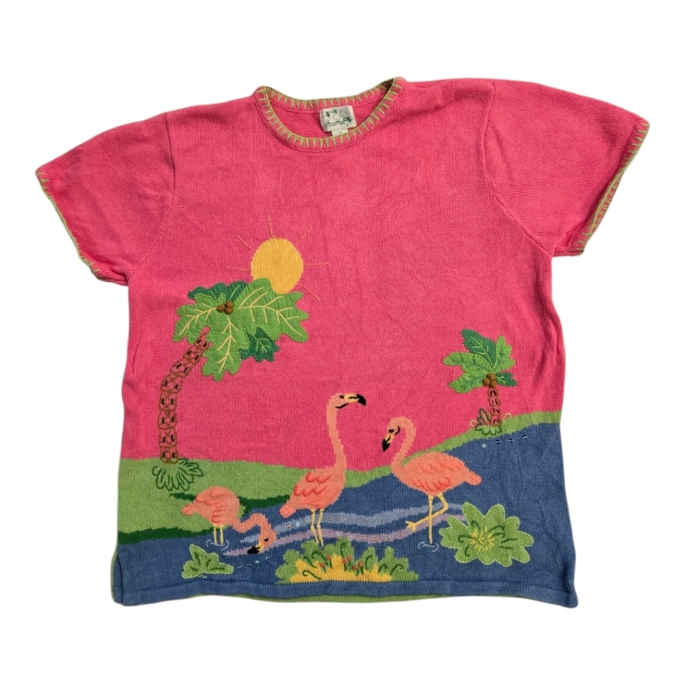 Quacker Factory Flamingo Paradise Pink Short Sleeved Sweater